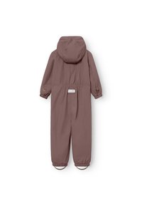 Burgunderfarbener Schneeanzug für Kleinkinder mit Kapuze, elastischen Bündchen und tailliertem Schnitt. Verfügt über ein Logoetikett auf der Rückseite und verstärkte Fußbereiche.