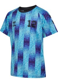 Fotbollströja med kort ärm, präglad av ett randigt mönster i blått och lila, med en svart krage och siffran 12 tryckt i fet svart stil.