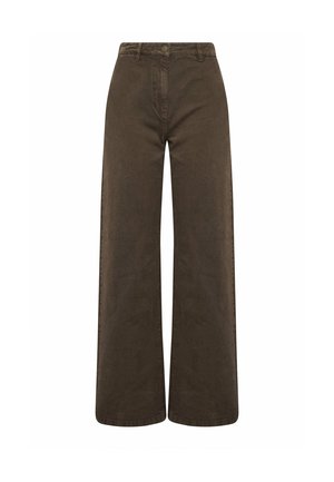 High-waist wijde bruine corduroy broek met knopen en rits aan de voorkant, riemlussen en zichtbare stiknaden.