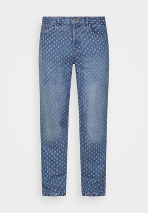 Jean en denim bleu avec un motif texturé, coupe droite, design à cinq poches et fermeture à boutons.