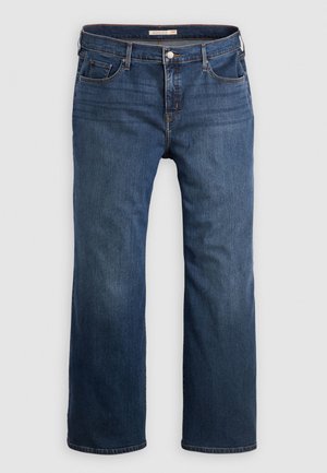 Dunkelblaue Jeans aus Denim mit geradem Bein, ausgestattet mit fünf Taschen, einem Knopfverschluss und dezenten Nähten entlang der Säume.