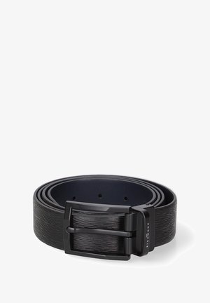 Black leather belt with a textured surface, featuring a matte black metal buckle. The belt is coiled, showing multiple adjustment holes.