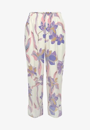 Weiße Hose mit elastischem Bund, lockerer Passform und großem floralem Muster in Pink, Lila und Gelb.
