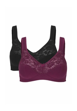 Two lace-covered wireless bras in black and dark purple with wide straps and small front bows, shown against a white background.
