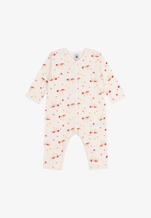 Body in cotone color crema a maniche lunghe, con un motivo di cani fantasiosi, stelle e lune crescenti in accenti rossi e gialli.