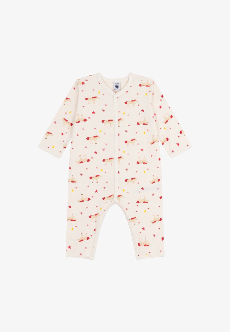 Krémová bavlnená body s dlhými rukávmi, zdobená vzorom hravých psov, hviezd a polmesiacov v červených a žltých akcentoch.