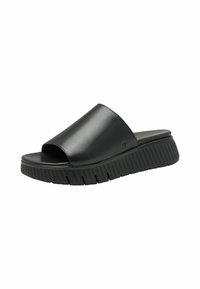 Zwarte schuifsandalen met een gladde leren bovenkant, een open teen ontwerp en een dikke, gestructureerde rubberen zool. Heeft een minimalistische esthetiek.