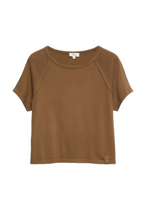 Brązowy krótki t-shirt z krótkim rękawem, z surowymi szwami i okrągłym dekoltem, z małą metką z logo na dolnym szwie.