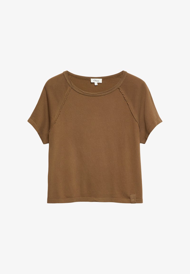 T-shirt court à manches courtes marron avec coutures brutes et encolure ronde, avec une petite étiquette logo en bas de l'ourlet.