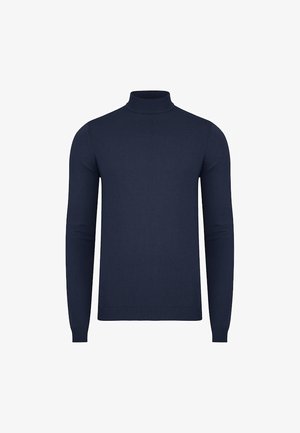 Granatowy sweter z golfem wykonany z tkaniny o prążkowanej strukturze. Posiada długie rękawy i dopasowany krój. Prosty design bez dodatkowych ozdób.