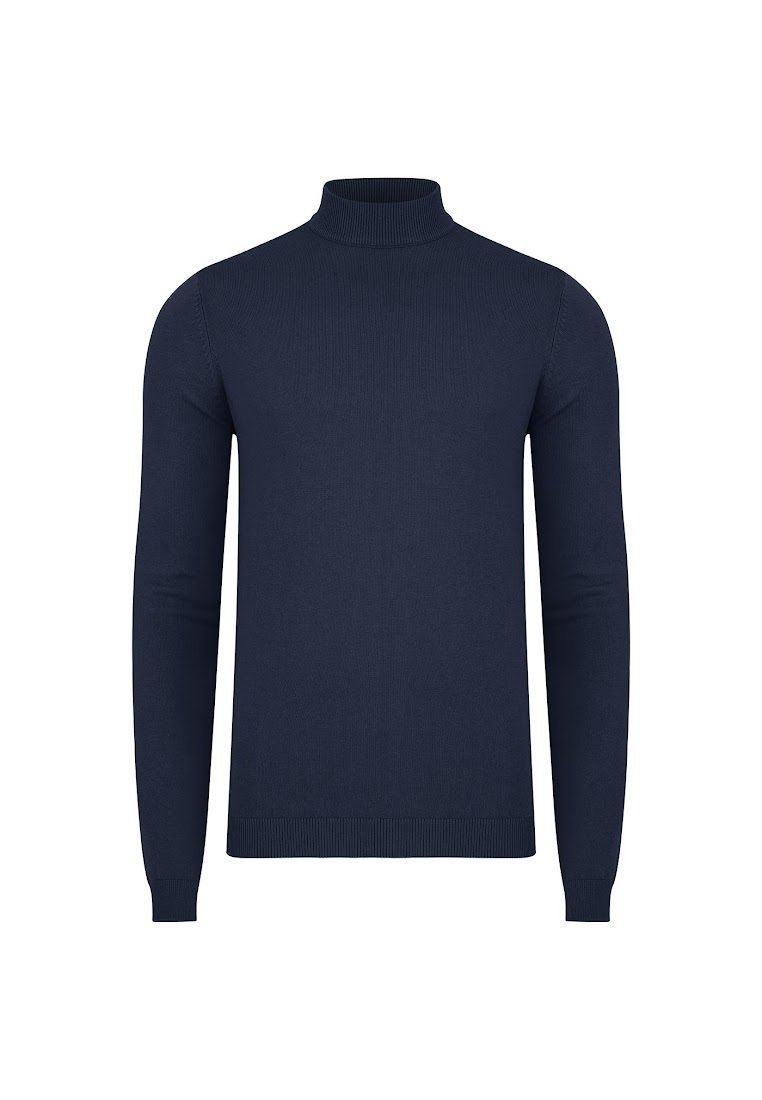 Granatowy sweter z golfem wykonany z tkaniny o prążkowanej strukturze. Posiada długie rękawy i dopasowany krój. Prosty design bez dodatkowych ozdób.