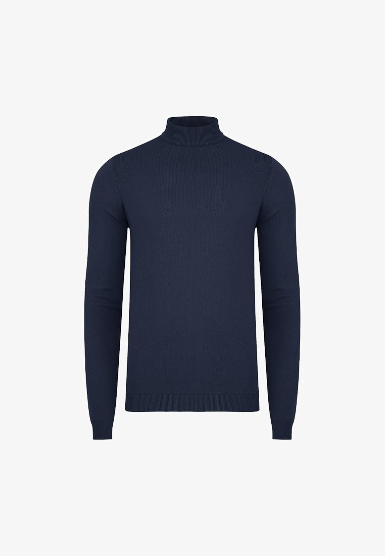 Granatowy sweter z golfem wykonany z tkaniny o prążkowanej strukturze. Posiada długie rękawy i dopasowany krój. Prosty design bez dodatkowych ozdób.