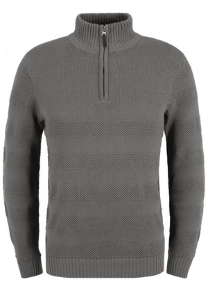 Grå zip-necksweater med texturerade ränder, ribbad krage och ärmslut samt mjukt material. Idealisk för lager på lager i kallare väder.