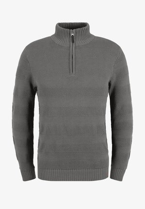 Gray zip-neck sweater featuring textured stripes, ribbed collar and cuffs, and soft fabric. Ideal for layering in colder weather.
