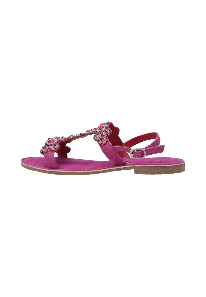 Roze suede sandaal met decoratieve bloemdecoraties, platte zool, open teenontwerp en een verstelbare enkelband. Zachte textuur, casual stijl.