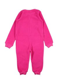 Combinaison en polaire rose vif, dotée de manches longues, de poignets côtelés et d'un dos intégral sans attaches visibles ni motifs.