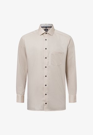 Chemise beige à manches longues avec une texture subtile, des boutons noirs, une poche poitrine et un col intérieur à motif.