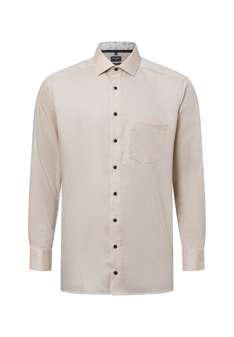 Beige langhangend shirt met een subtiele textuur, zwarte knopen, een borstzak en een gestreepte binnenkraag.