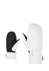 Weiß-schwarze Fäustlinge mit strukturiertem Design, gefertigt aus isolierendem Material. Verfügt über einen verstellbaren Riemen und ein elastisches Bündchen für einen sicheren Sitz.