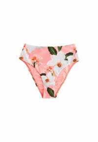 Bikini spodnjice z visokim pasom, ki imajo roza osnovo, velike bele cvetlične vzorce in zelene liste, izdelane iz gladkega, raztegljivega blaga.