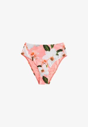 Bikini spodnjice z visokim pasom, ki imajo roza osnovo, velike bele cvetlične vzorce in zelene liste, izdelane iz gladkega, raztegljivega blaga.