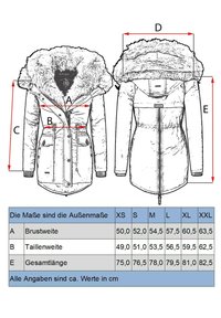 Dibujo técnico de una chaqueta de invierno con cuello forrado de piel, que presenta un diseño ajustado, cierre frontal con cremallera y dos bolsillos delanteros. Incluidas las medidas de tamaño.