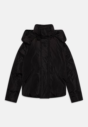 Chaqueta acolchada negra con un cuello alto, mangas largas y dos bolsillos laterales. Tejido suave y brillante con un detalle de costura mínimo.