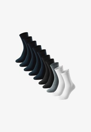 Set di 12 calze di vari colori: blu scuro, nero, grigio scuro, grigio chiaro e bianco. Composizione in cotone, texture liscia, design di lunghezza media.