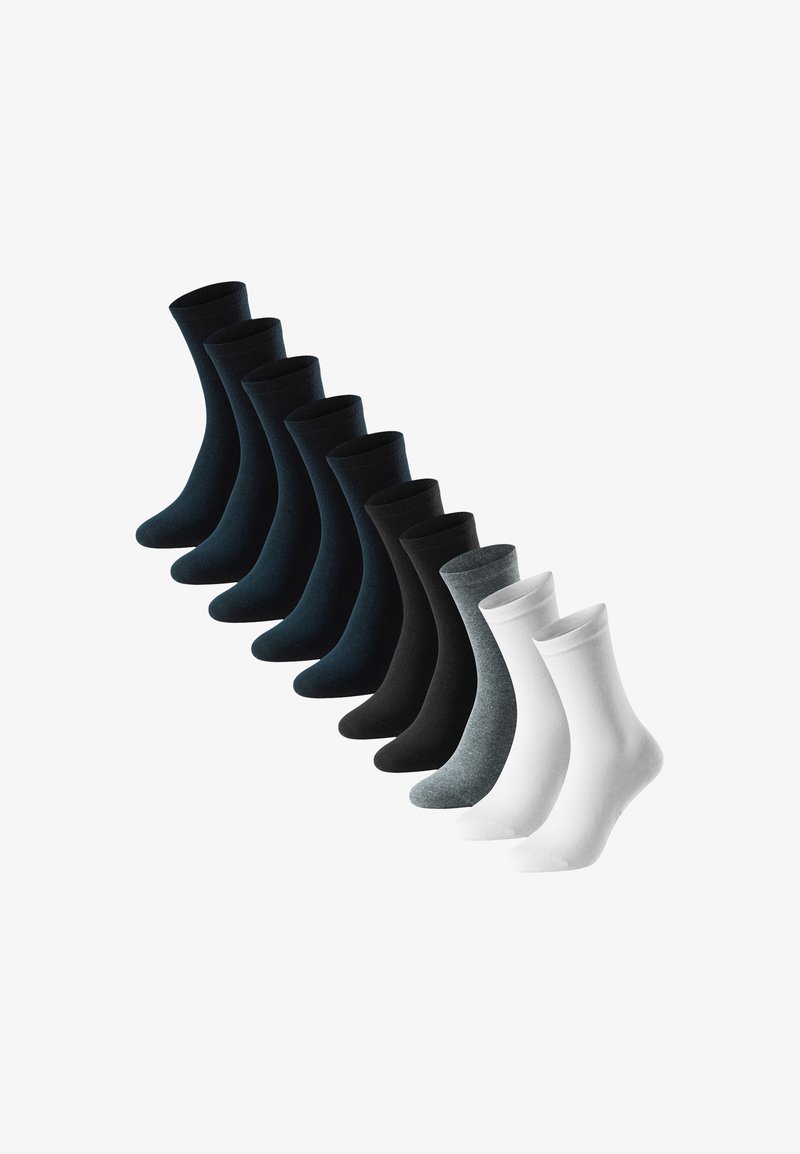 Set mit 12 Socken in verschiedenen Farben: dunkelblau, schwarz, dunkelgrau, hellgrau und weiß. Baumwollmischung, glatte Textur, knöchellanges Design.