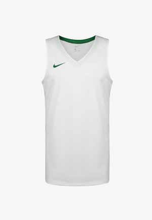 Maglia da basket bianca con scollo a V, dettagli verde e logo Nike sul lato sinistro del petto. Realizzata in tessuto traspirante e leggero.