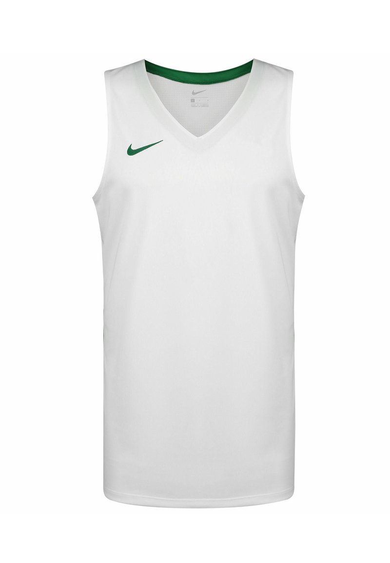 Witte basketbalshirt met een V-hals, groene accenten en het Nike-logo op de linkerborst. Gemaakt van ademende, lichte stof.