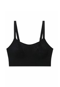 Bralette negro sin costuras con tirantes ajustables, que presenta un patrón texturizado en la tela y un material suave y elástico.