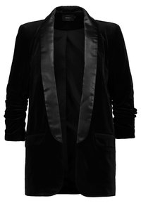 Černý sametový blejzr s hedvábným šálovým límcem. Má dlouhé rukávy, dvě přední kapsy a elegantní otevřený přední design. Jemná textura.