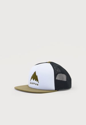 Czapka typu trucker z oliwkowo-zielonym daszkiem, białym przednim panelem z oliwkowym logo góry i tekstem "Burton" oraz czarnymi siateczkowymi tylnymi panelami.