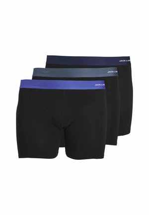 Schwarze Mikrofaser-Boxershorts mit elastischem Bund in Dunkelblau, Grau und Hellblau. Jede hat ein Logo am Bund.