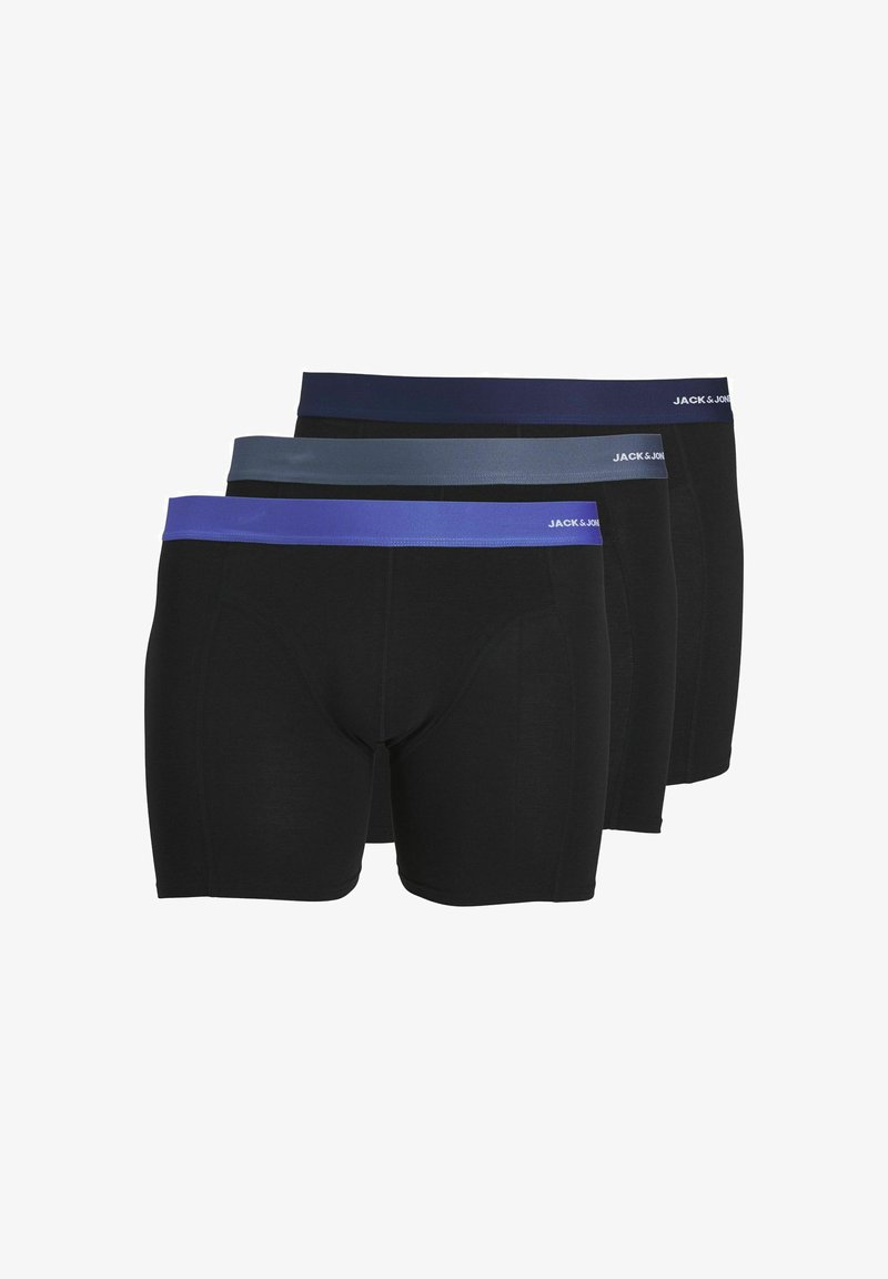 Boxer shorts en microfibre noire avec ceintures élastiques en bleu foncé, gris et bleu clair. Chacun présente un logo sur la ceinture.