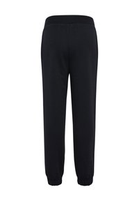 Zwarte sweatpants met een relaxte pasvorm, elastische tailleband en geribde boorden. Gemaakt van zacht materiaal, ze hebben een eenvoudige uitstraling zonder patronen.