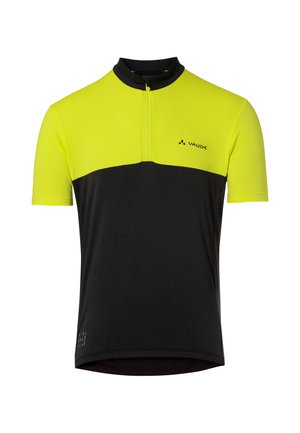 Maglia da ciclismo a maniche corte con mezza cerniera, sezione superiore di colore giallo neon, sezione inferiore nera e logo Vaude sul petto.