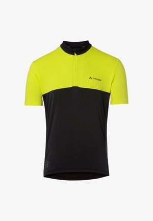 Maglia da ciclismo a maniche corte con mezza cerniera, sezione superiore di colore giallo neon, sezione inferiore nera e logo Vaude sul petto.