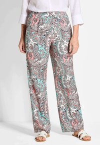 Pantalons légers à taille élastique avec un motif paisley en rose, turquoise et blanc, présentant une coupe ample et large et une texture douce.