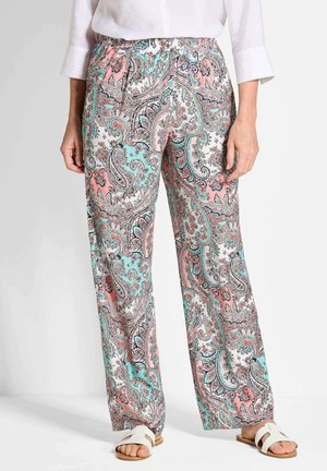 Pantalons légers à taille élastique avec un motif paisley en rose, turquoise et blanc, présentant une coupe ample et large et une texture douce.