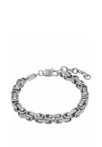 Bracciale in argento con maglie rettangolari, texture liscia e chiusura a moschettone. Include una catena regolabile per una flessibilità nelle misure.