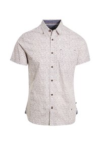 Short-sleeve button-up shirt in light beige with a herringbone pattern and brown buttons. Features a contrasting blue collar lining.