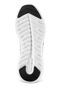 Weißer Sneaker-Sohle mit einem wellenförmigen Profil, das schwarze Akzente an der Ferse aufweist. Das Material ist strukturiertes Gummi für Grip und Haltbarkeit.