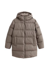 Taupe gewatteerde pufferjas met capuchon, lange mouwen, ritssluiting aan de voorkant en zijzakken, ontworpen voor koud weer.