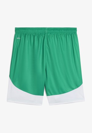 Pantaloni sportivi verdi con un accento bianco all'orlo, vita elastica e texture liscia. Presentano un tessuto che allontana l'umidità.