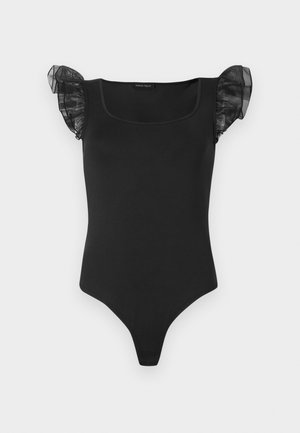 Black fitted bodysuit with square neckline and sheer ruffled cap sleeves, displayed flat on a white background.
