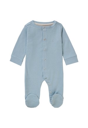 Body de bébé à manches longues, en bleu clair côtelé, avec des boutons-pression sur le devant et une conception pieds-joignants. Matière en coton douce.