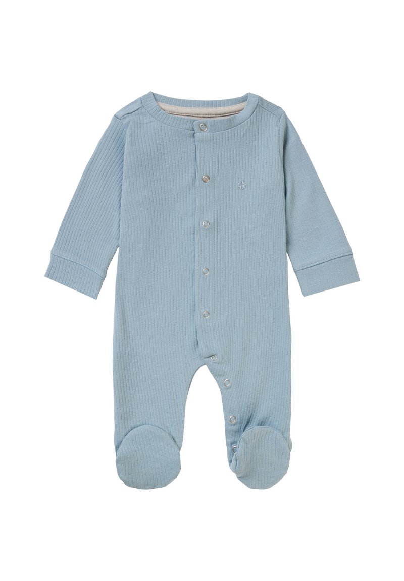 Body de bébé à manches longues, en bleu clair côtelé, avec des boutons-pression sur le devant et une conception pieds-joignants. Matière en coton douce.