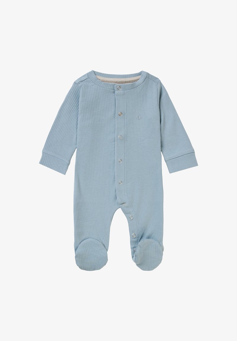 Body de bébé à manches longues, en bleu clair côtelé, avec des boutons-pression sur le devant et une conception pieds-joignants. Matière en coton douce.